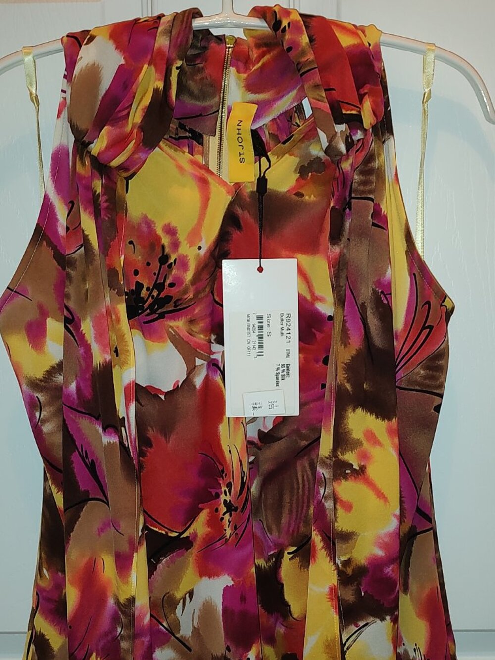 ST JOHN MARIE GRAY SILK TOP SLVLS RUCHED NECK LONG TIES BACK METAL ZIPPER S-M